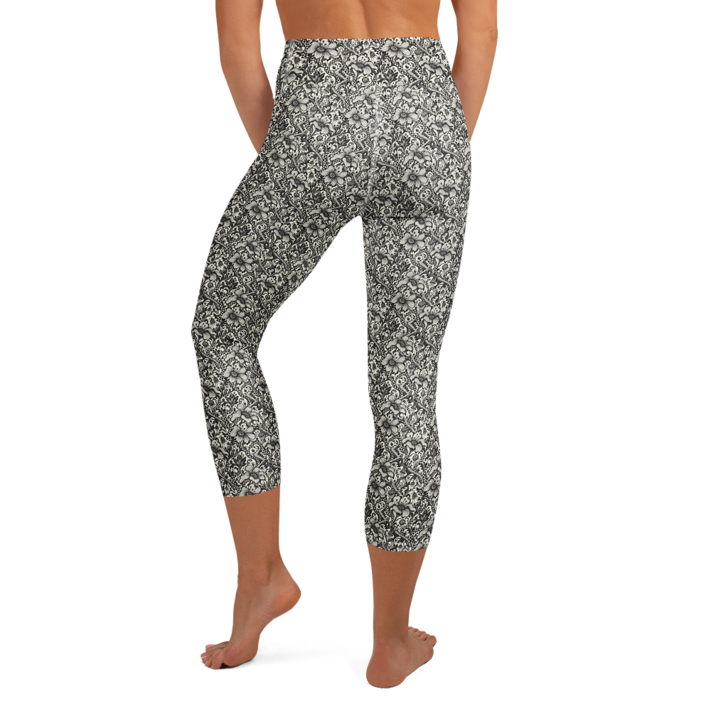 Monochrome Blossom Yoga Capri Leggings with Floral Doodle Design alternate view