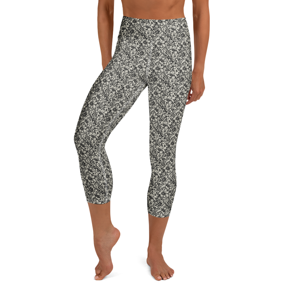 Monochrome Blossom Doodle Yoga Leggings