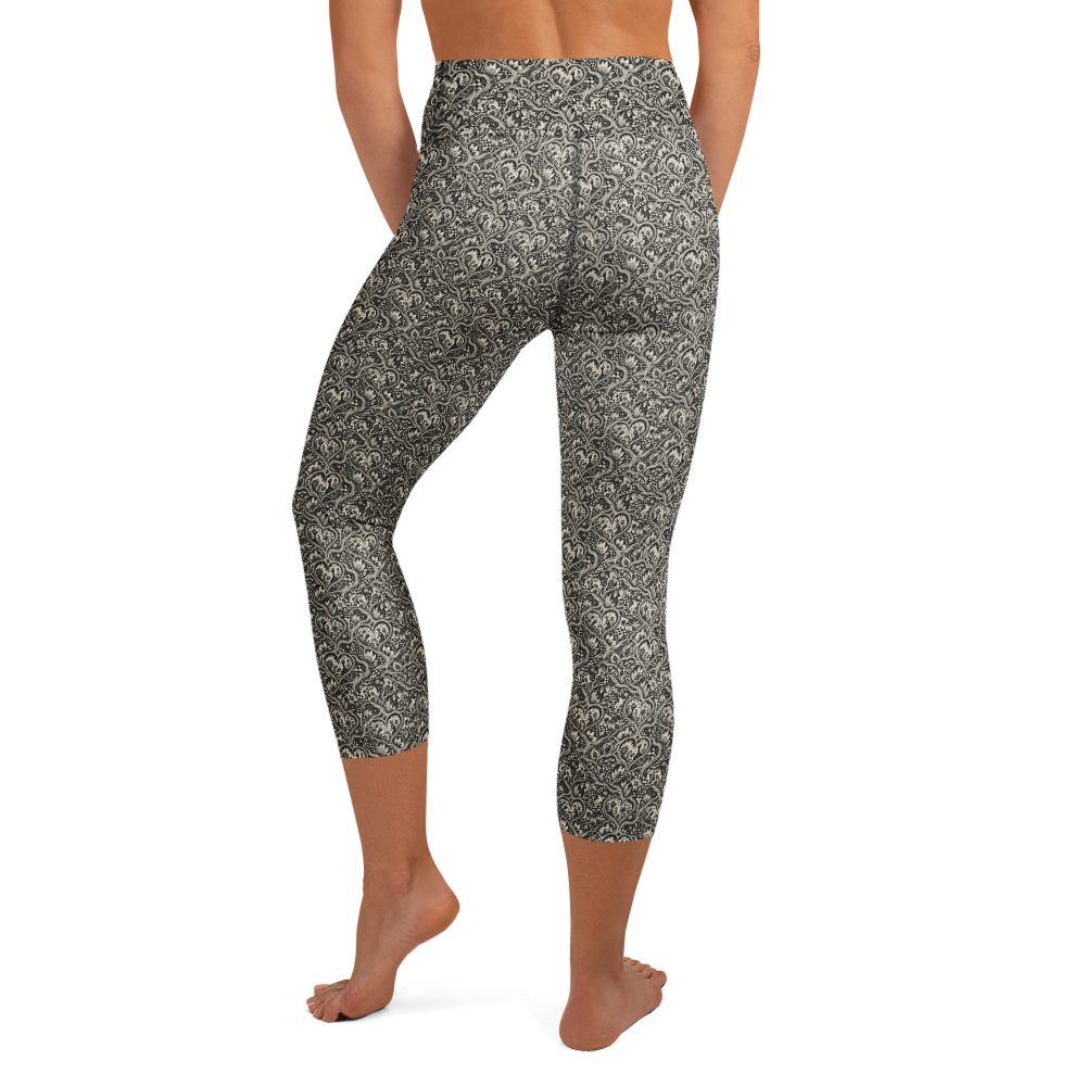 Floral Heart Yoga Capri Leggings with Monochrome Doodle Art alternate view