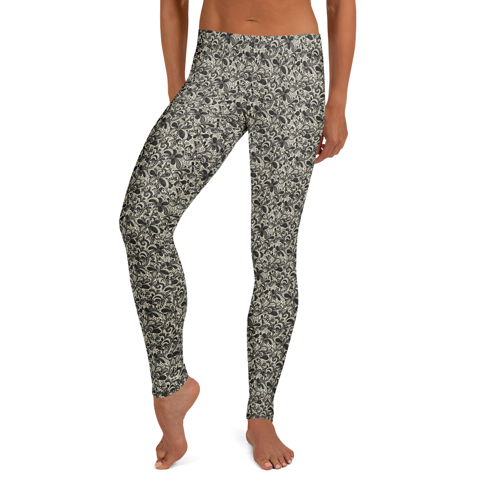 Floral Heart Doodle Women's Leggings – Monochrome Elegance