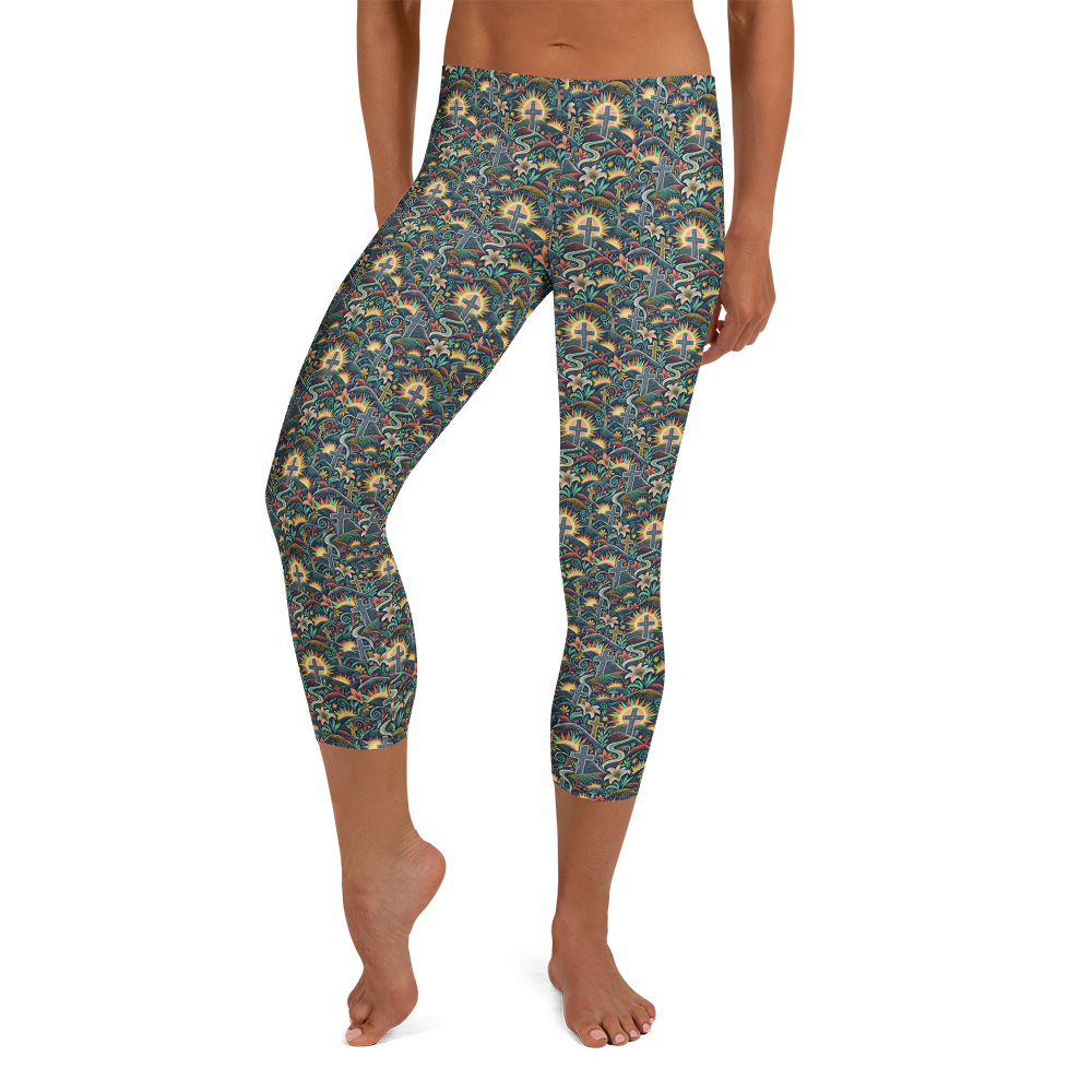 Colorful Cross and Floral Doodle Capri Leggings – Artistic Summer Wear