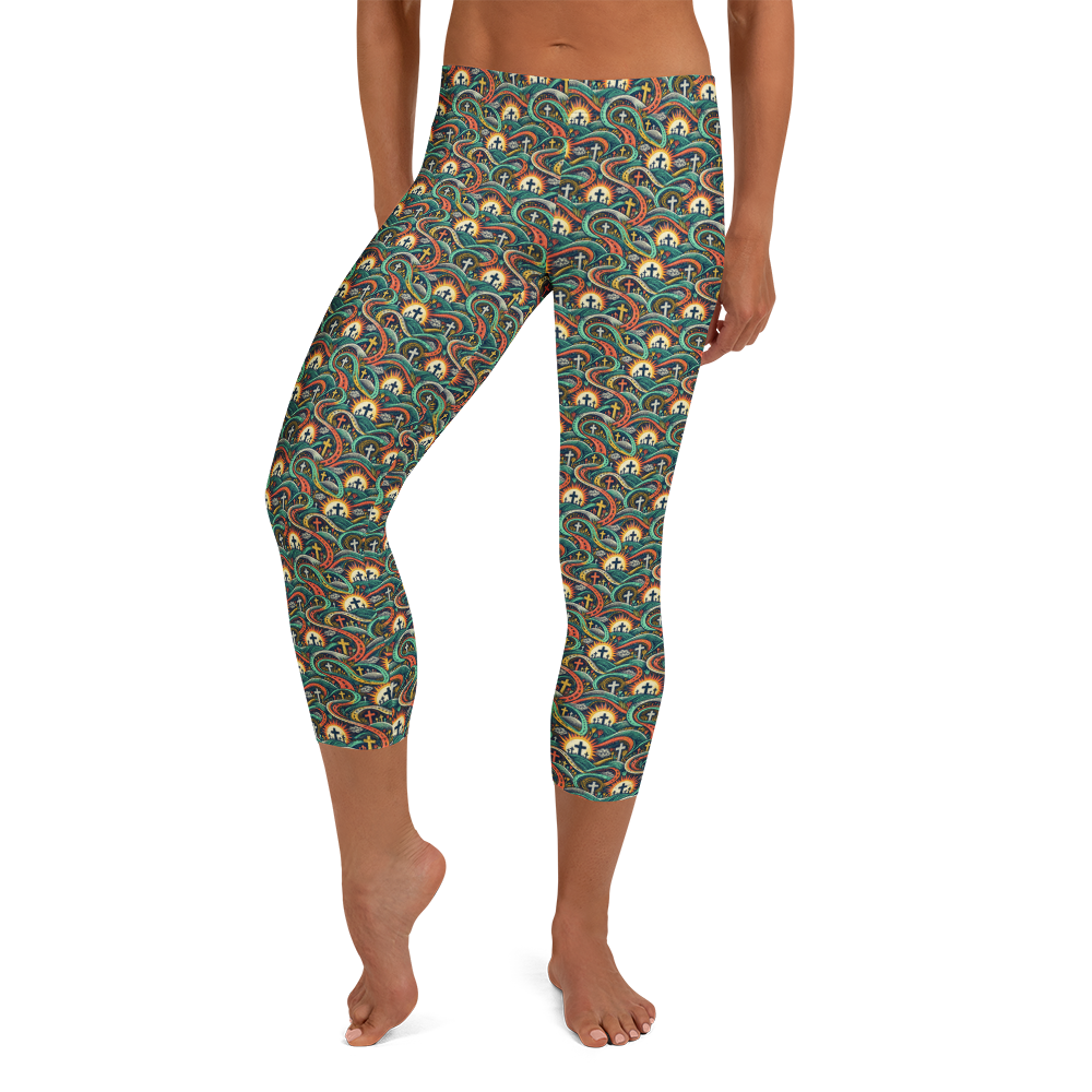 Vibrant Cross Garden Doodle Capri Leggings
