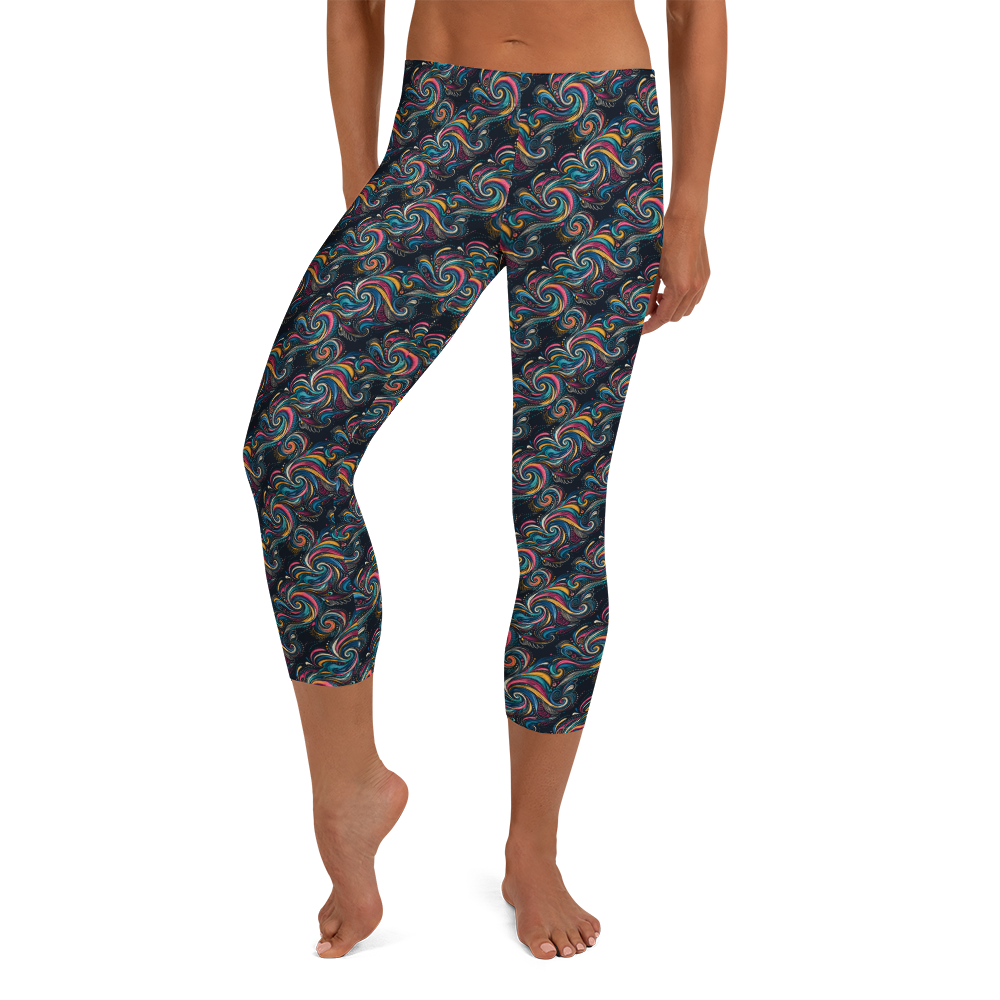 Whirlwind Doodle Capri Leggings - Mesmerising Swirl Elegance