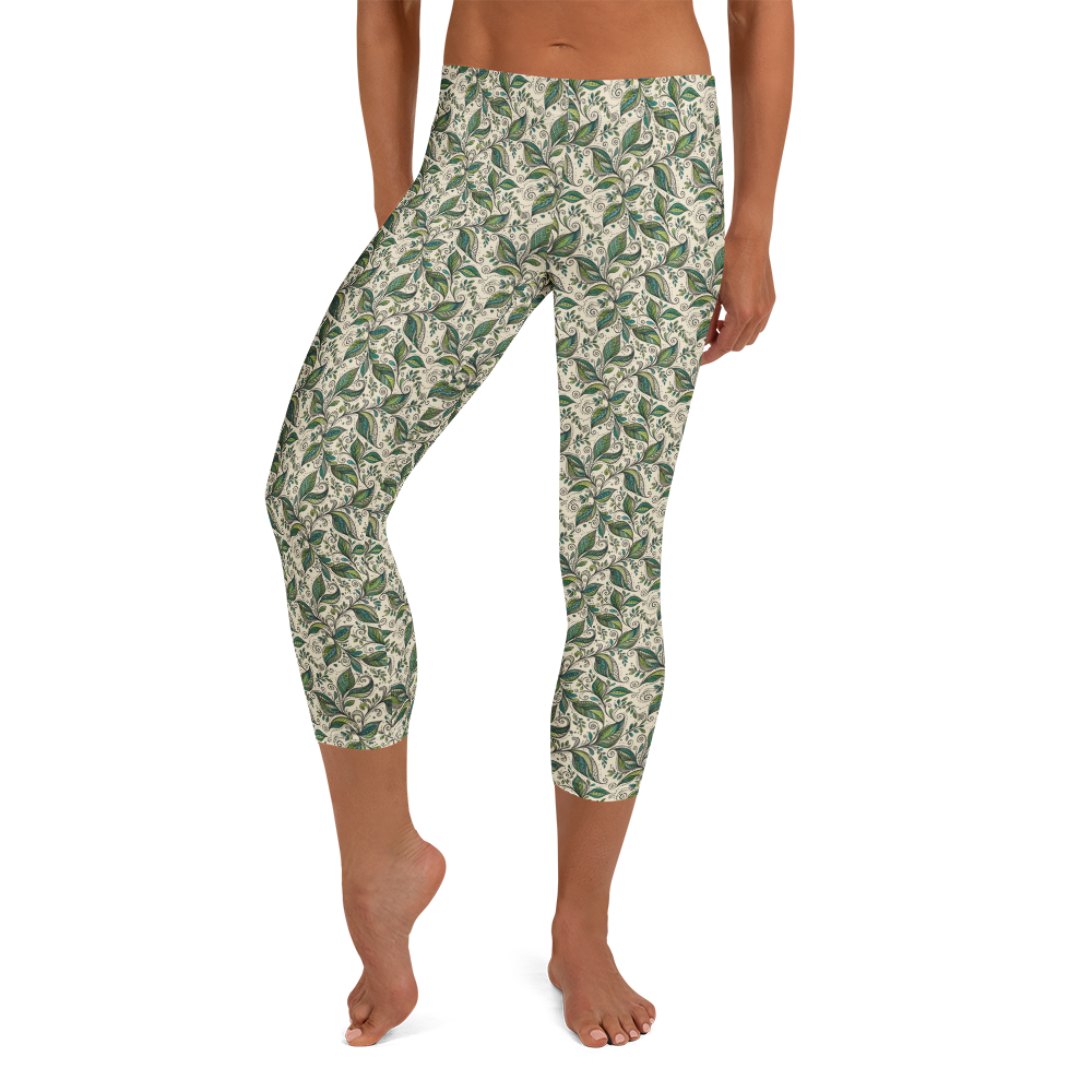 Zentangle Capri Leggings - Whimsical Leafy Whorls