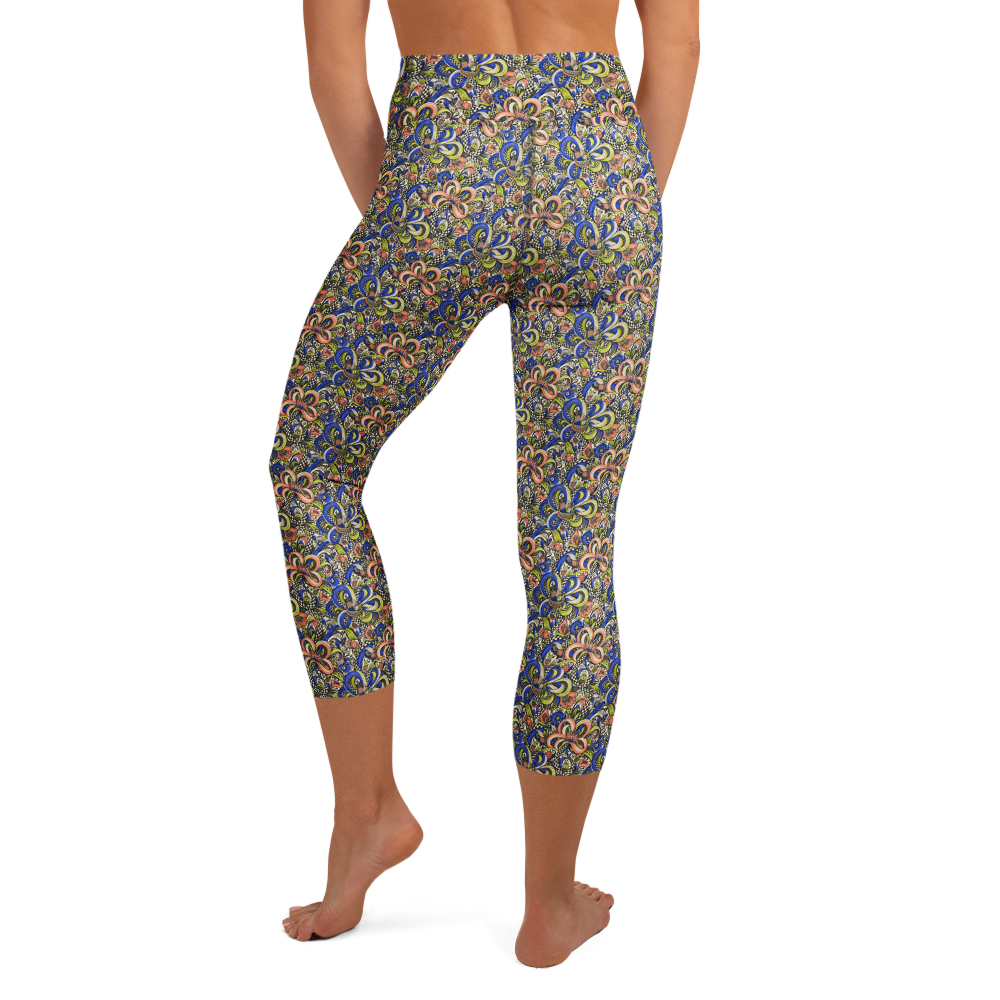 Watercolour Flower Yoga Capri Leggings with Doodle Print alternate view