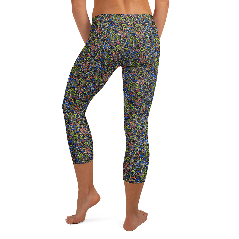 Whimsical Flower Capri Leggings with Doodle Print alternate view