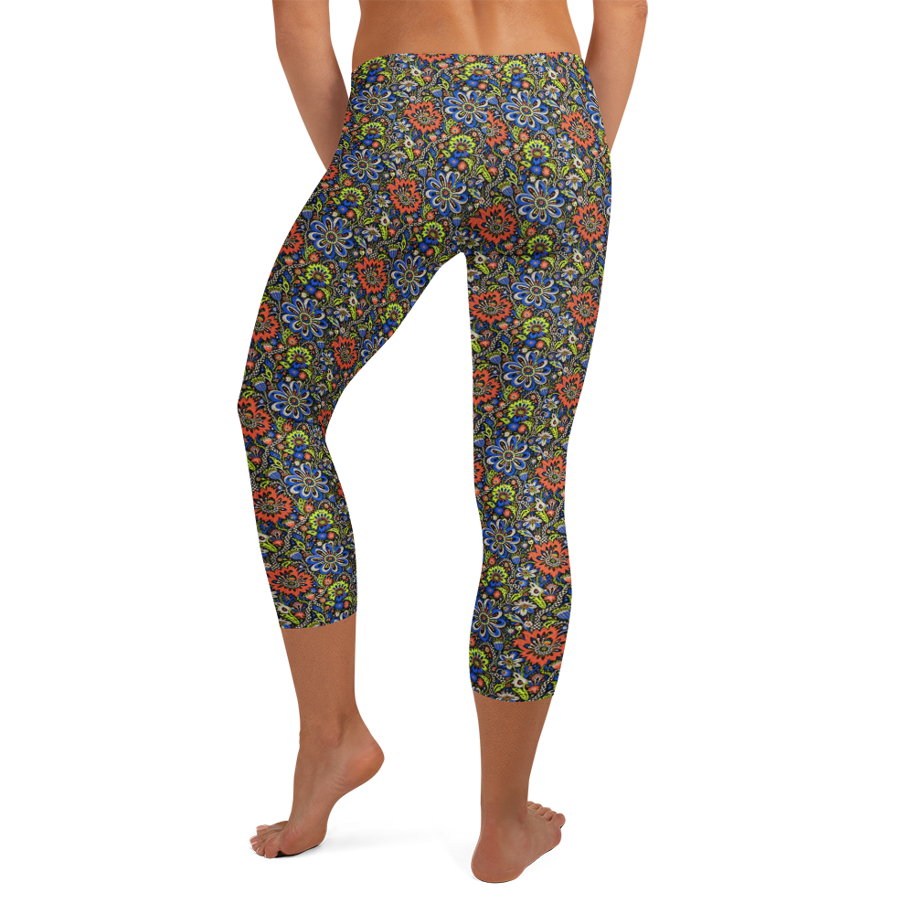 Vibrant Floral Capri Leggings with Doodle Flowers alternate view