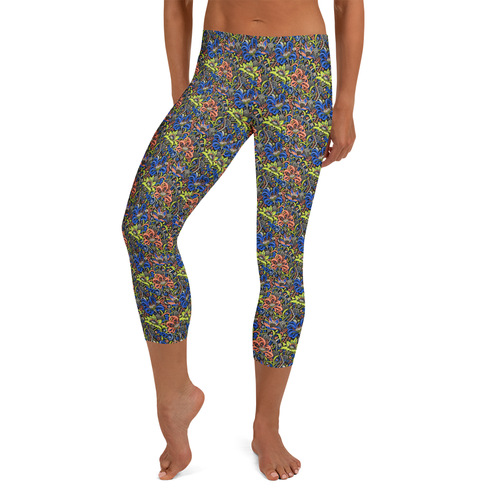 Delicate Floral Doodle Capri Leggings for Yoga