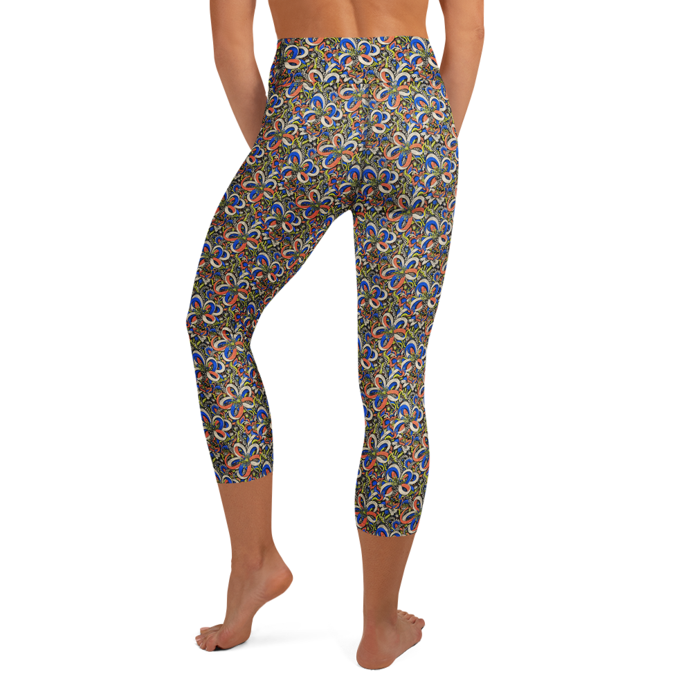 Black and White Floral Yoga Capri Leggings with Doodles alternate view