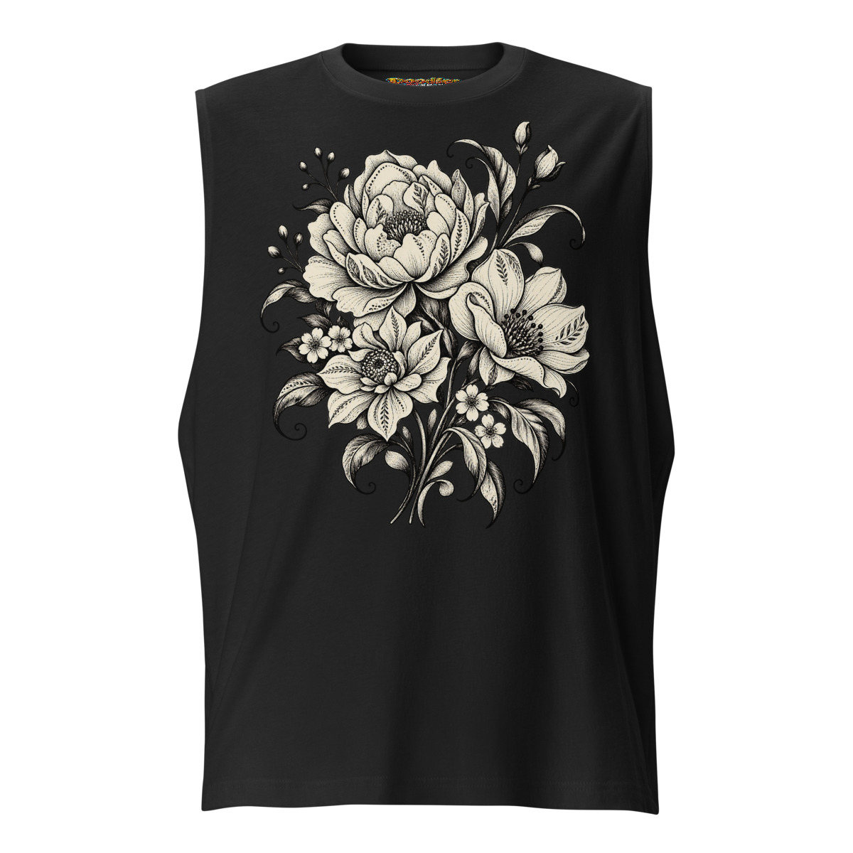 Monochrome Floral with Elegant Bloom Artwork Unisex muscle shirt alternate view