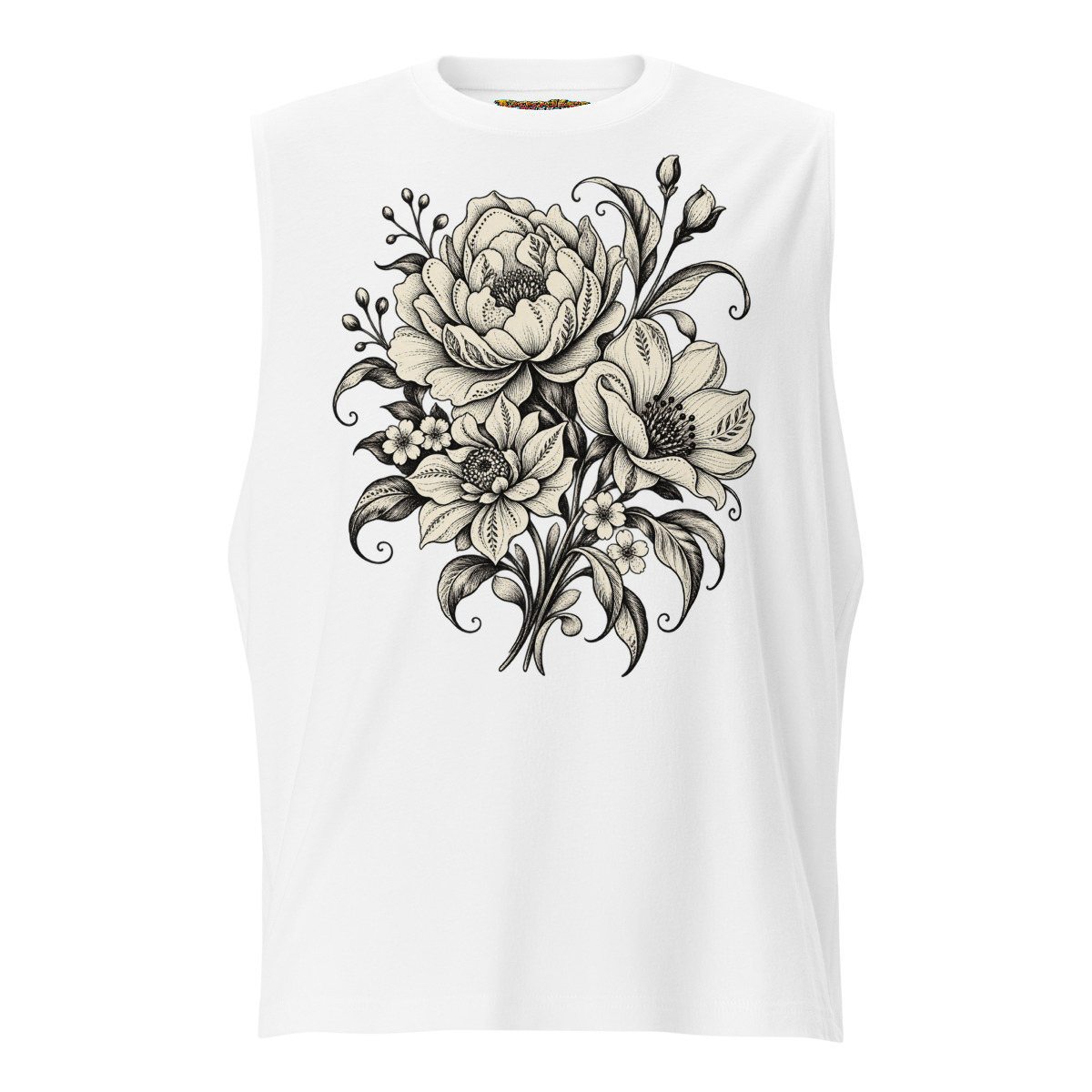 Monochrome Floral with Elegant Bloom Artwork Unisex muscle shirt