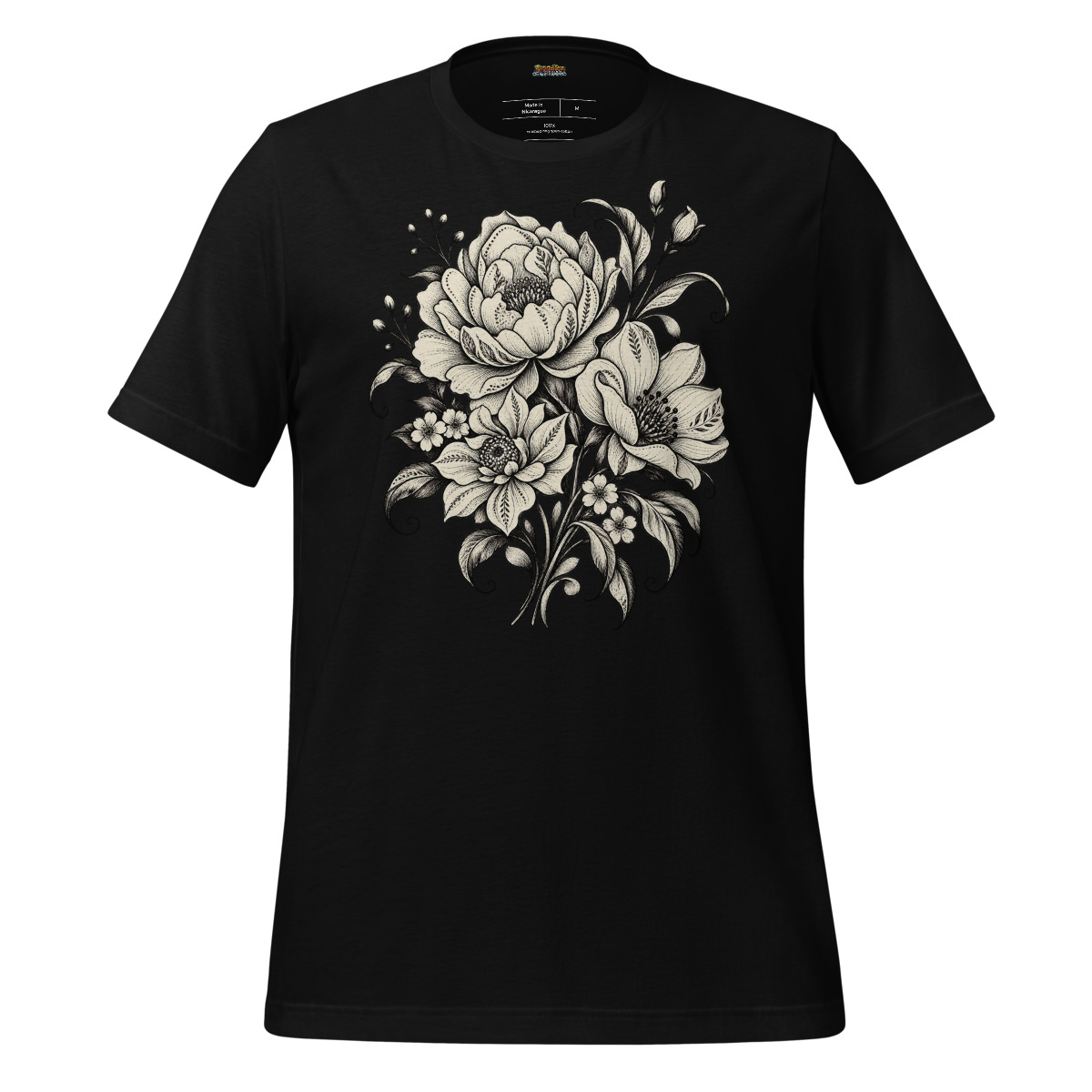 Monochrome Floral T Shirt with Elegant Bloom Artwork alternate view
