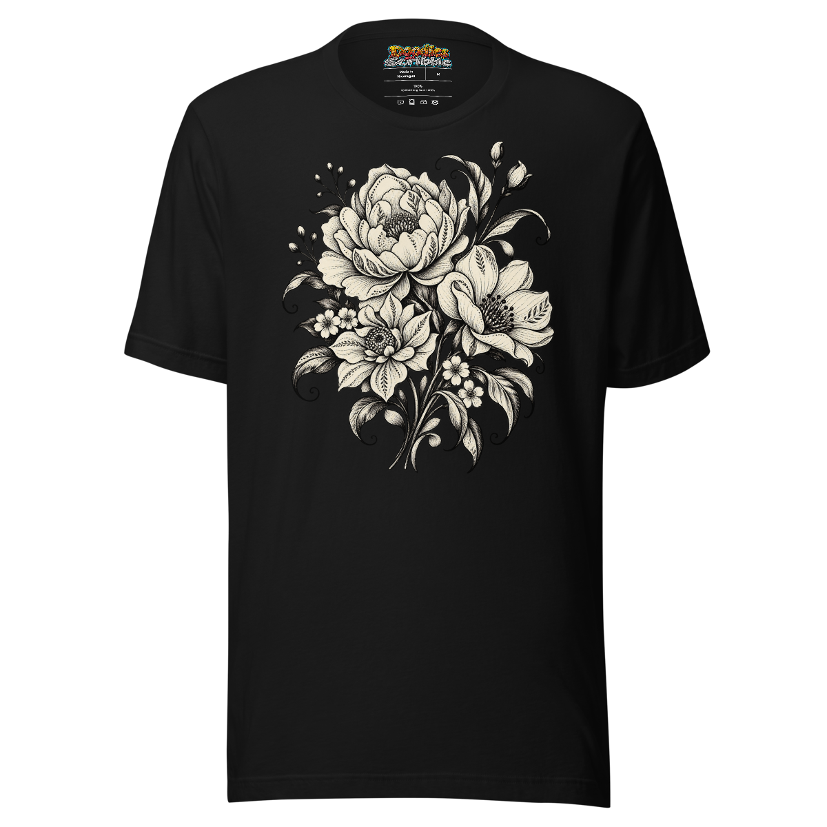 Monochrome Floral T Shirt with Elegant Bloom Artwork alternate view