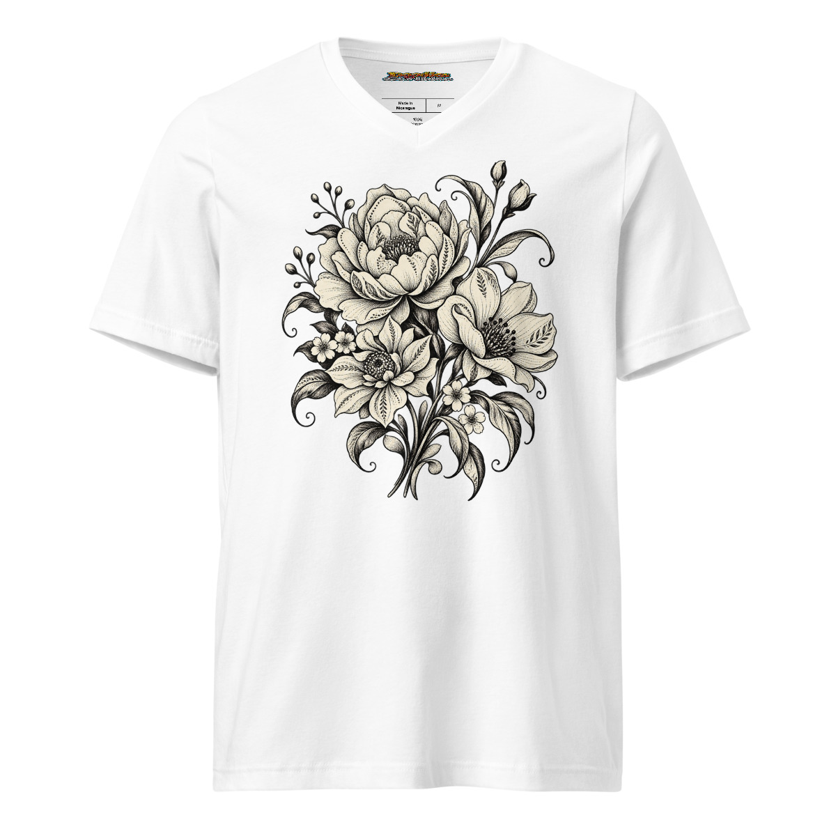Monochrome Floral with Elegant Bloom Artwork Unisex V neck T shirt in White