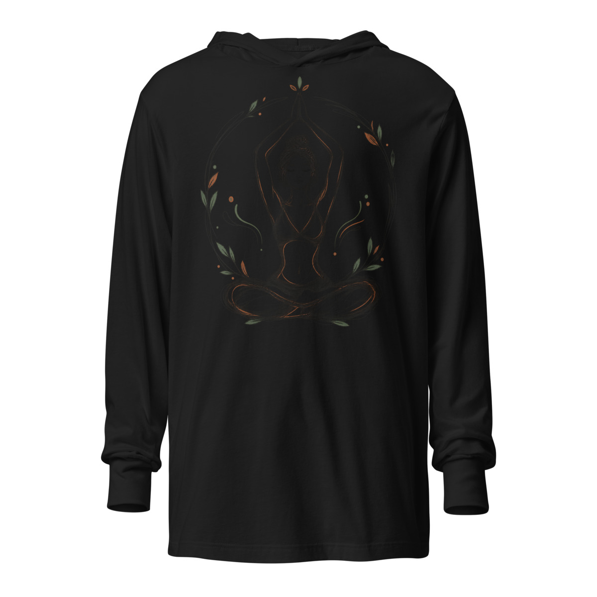 Yogic Serenity with Calm Pose Design Unisex hooded long sleeve T shirt alternate view