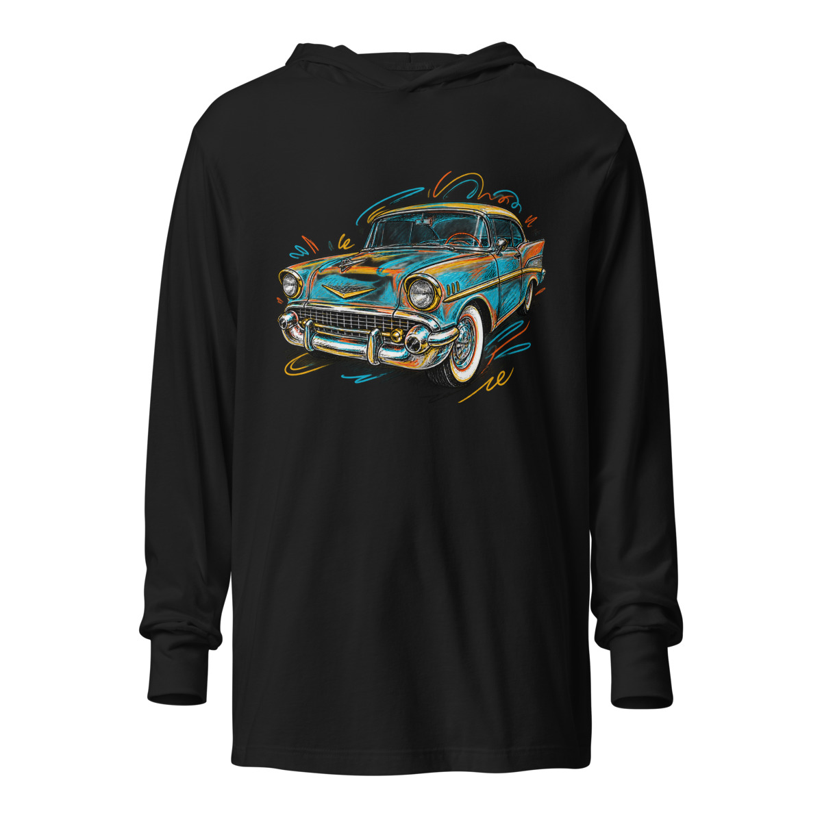 Retro Ride Car Classic Car Color Burst Art Unisex hooded long sleeve T shirt alternate view