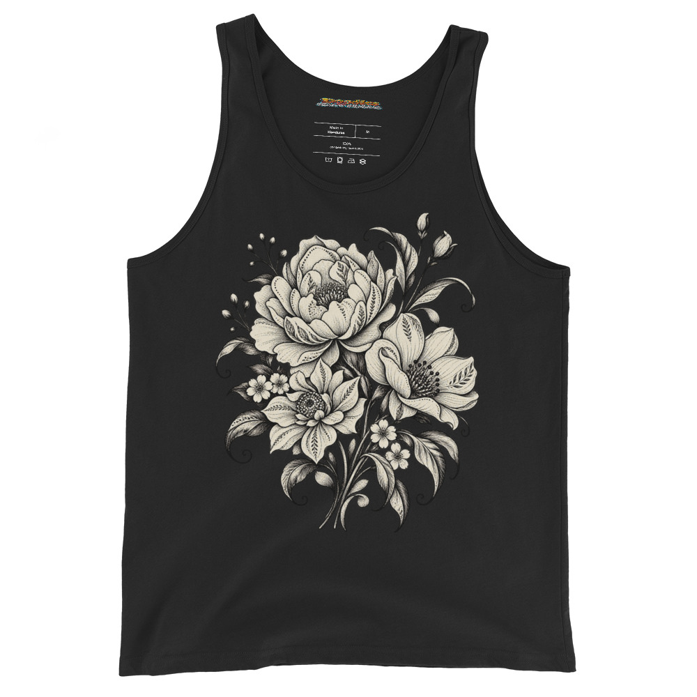 Monochrome Floral with Elegant Bloom Artwork Unisex tank top alternate view