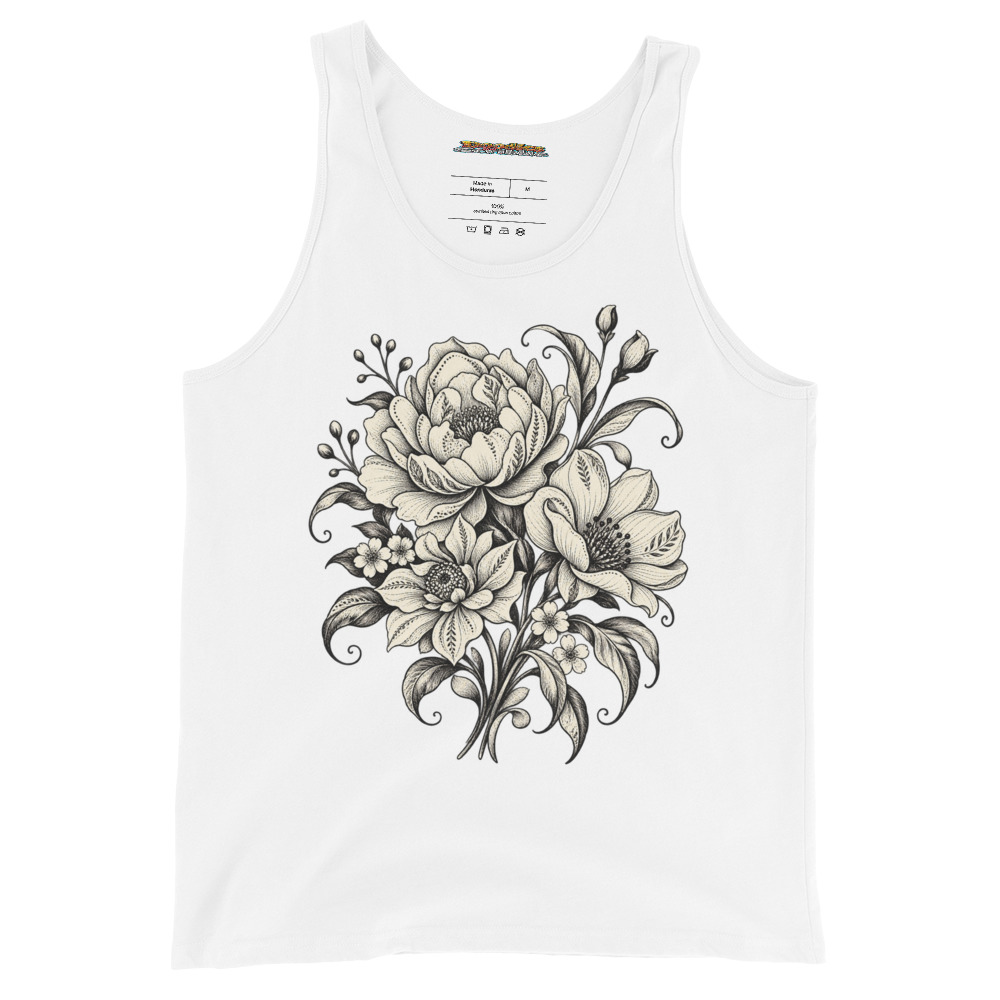 Monochrome Floral with Elegant Bloom Artwork Unisex tank top