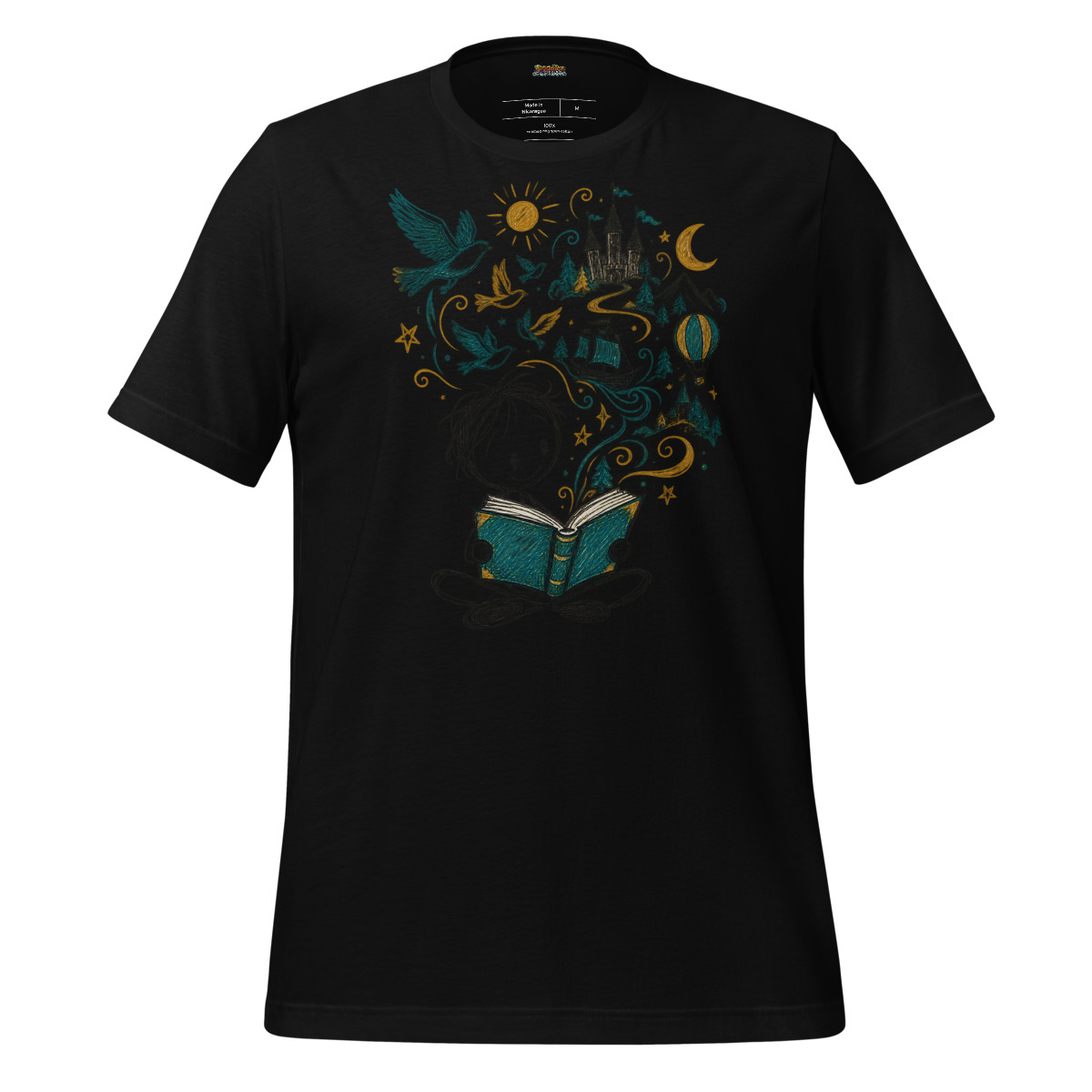 Literary Dreams T Shirt with Whimsical Storyteller Doodle alternate view