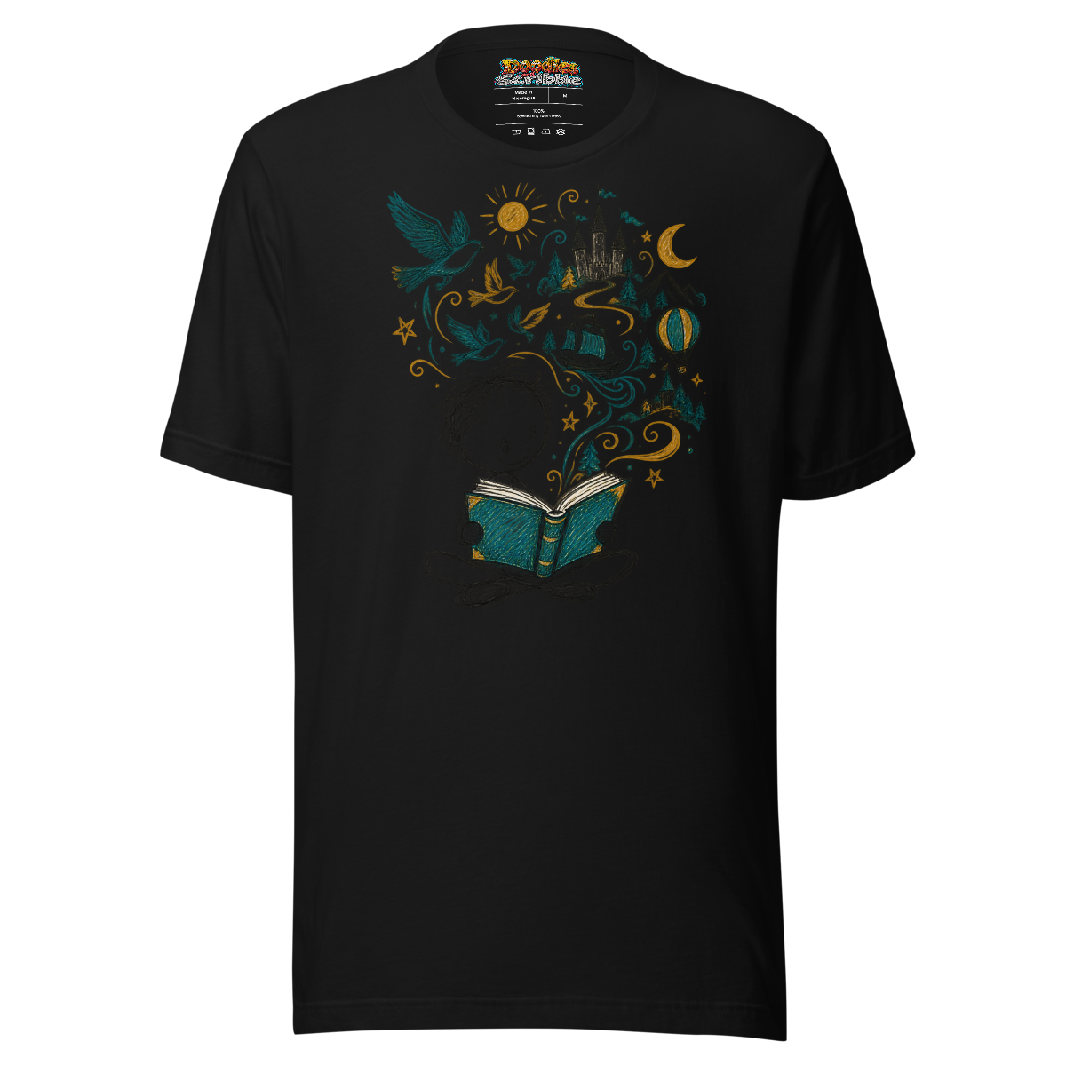 Literary Dreams T Shirt with Whimsical Storyteller Doodle alternate view