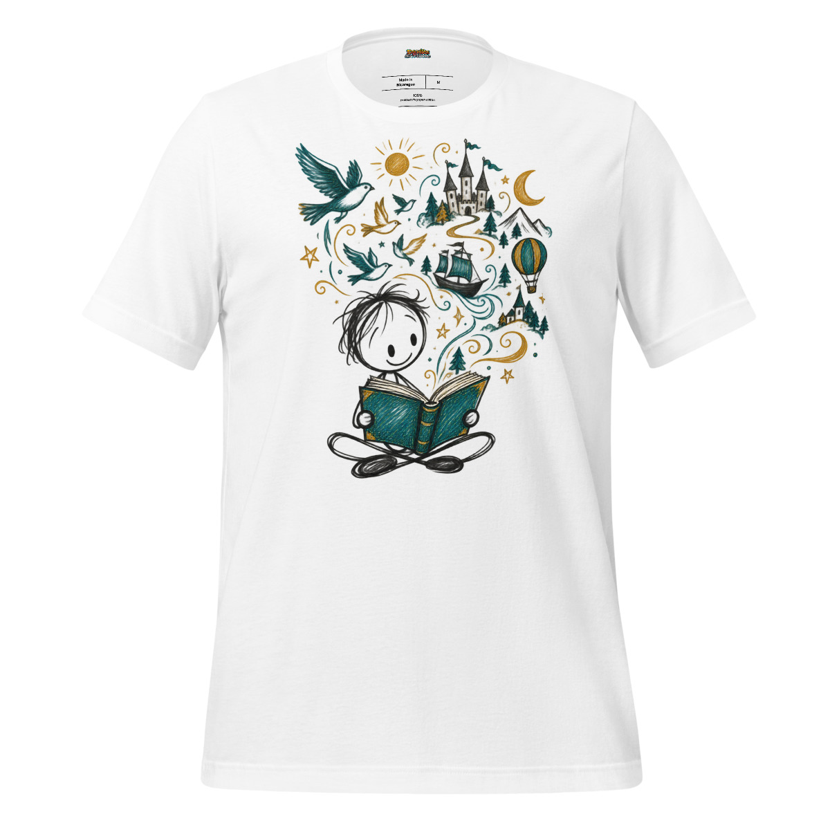 Literary Dreams T-Shirt with Whimsical Storyteller Doodle