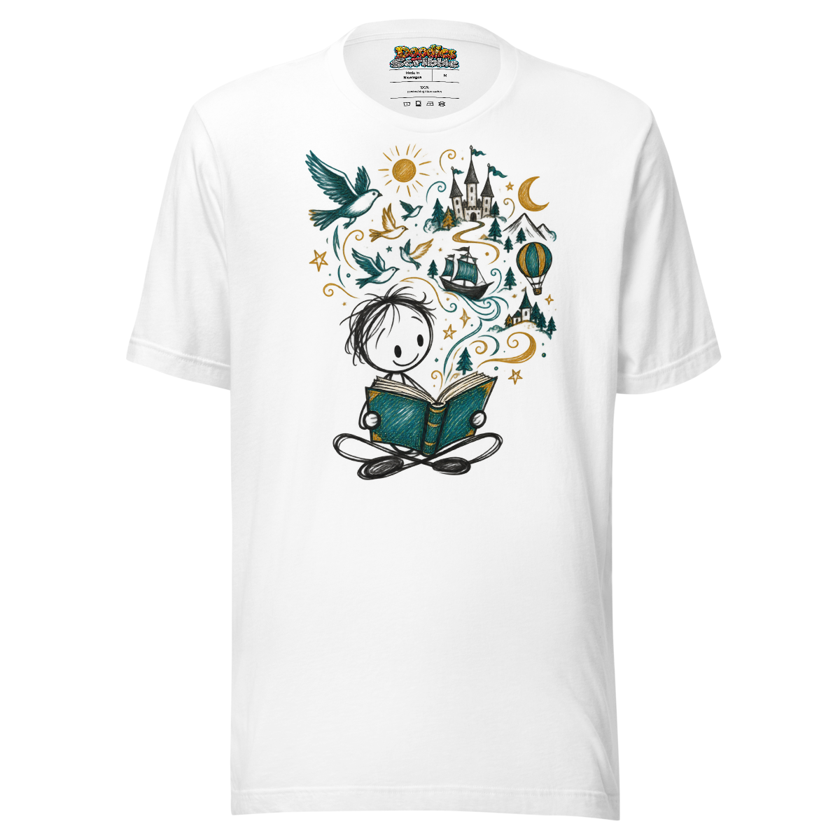 Literary Dreams T-Shirt with Whimsical Storyteller Doodle