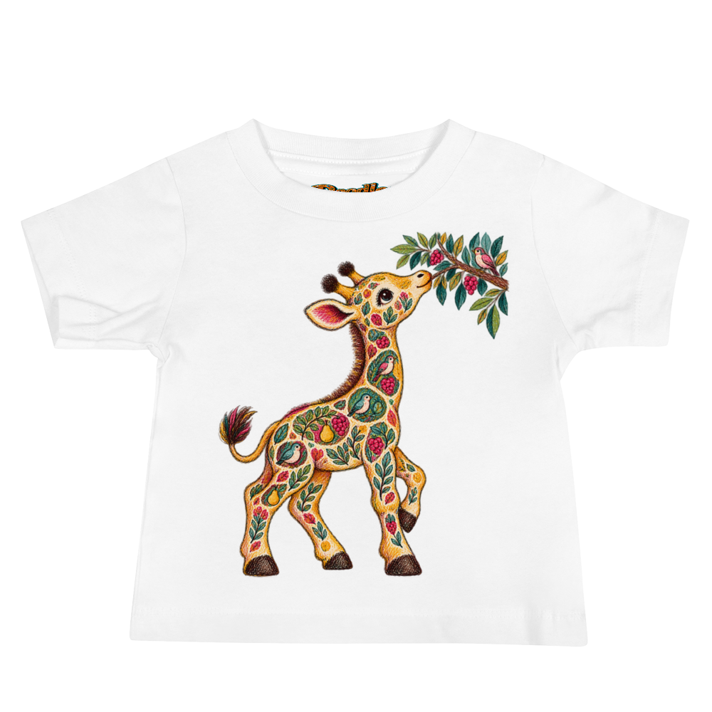 Giraffe Cub Reaching Into Baby T Shirt in White