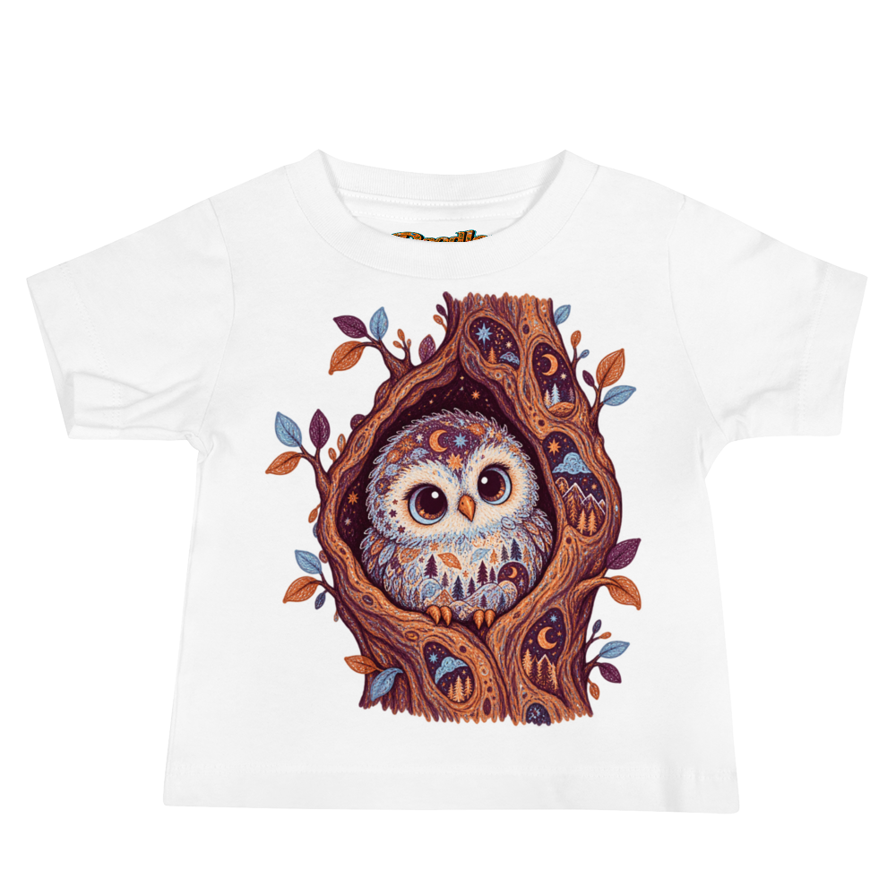 A Round Owl Chick Peering From A Baby T Shirt in White