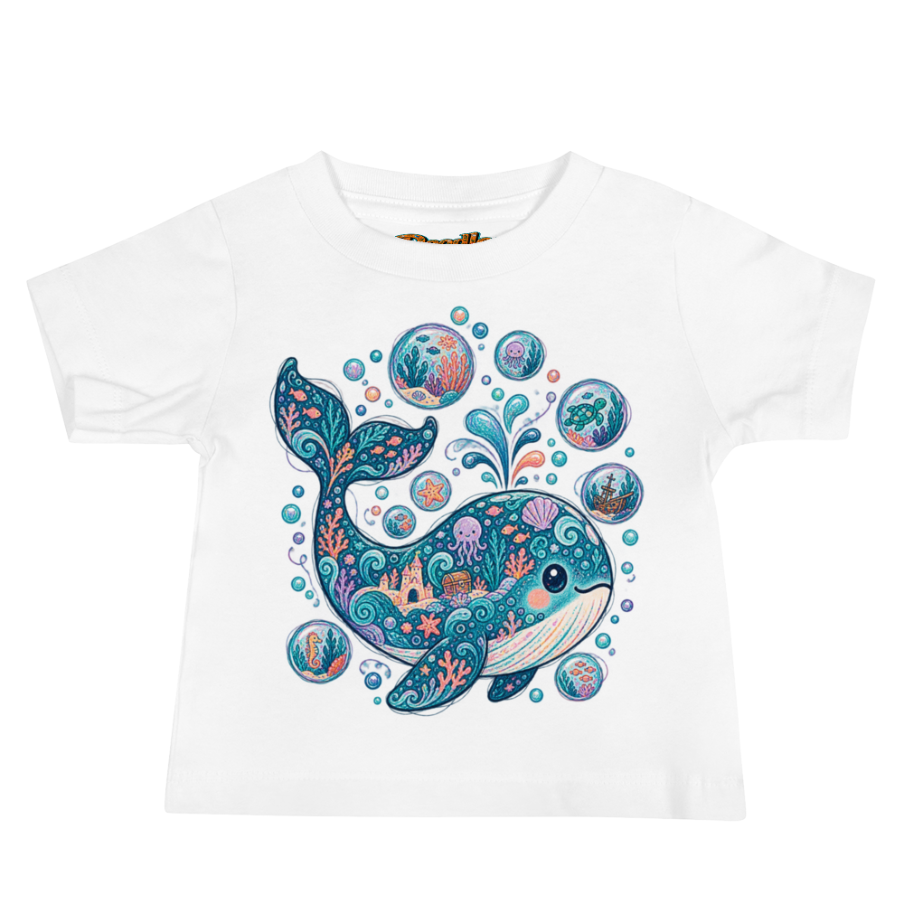 A Baby Whale Drifting Among Bubbles Each Baby T Shirt in White