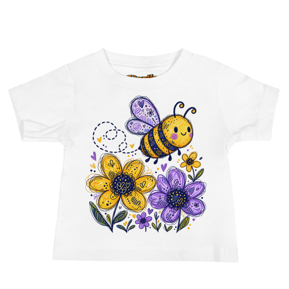 A Round Bee Following A Loopy Flight Baby T Shirt in White