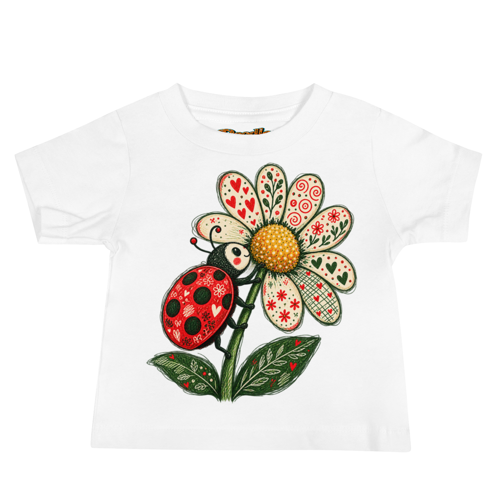 A Ladybird Climbing A Daisy Whose Petals Baby T Shirt in White