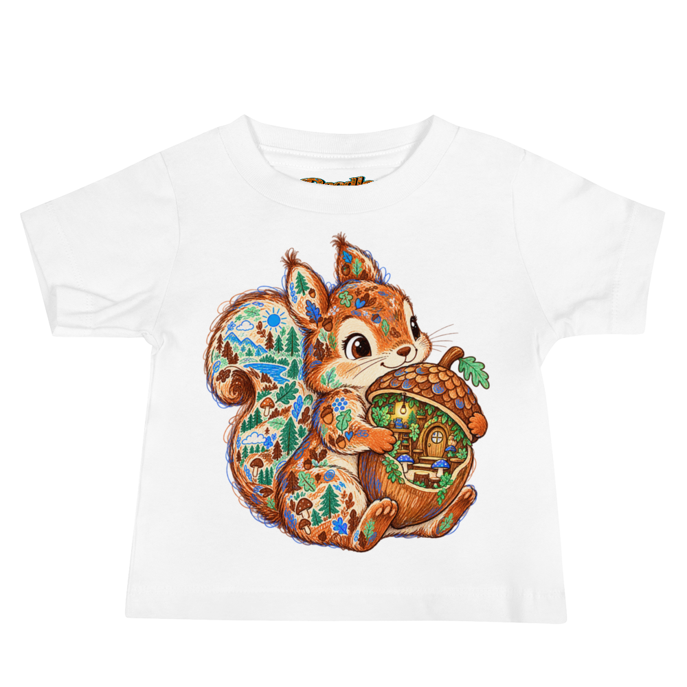 A Squirrel Hugging An Acorn That Opens Baby T Shirt in White