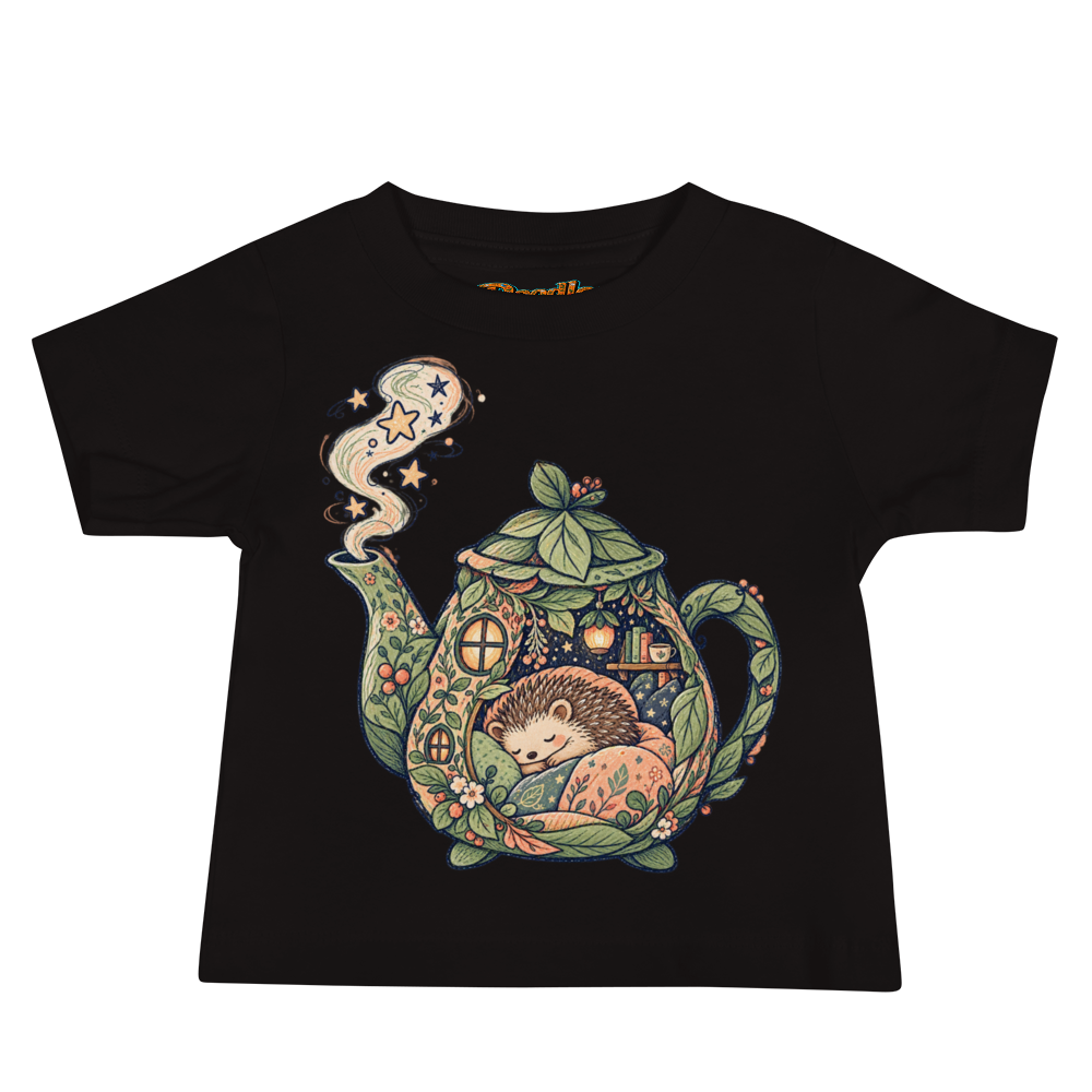 A Sleepy Hedgehog Tucked Inside A Teapot Shaped Baby T Shirt alternate view