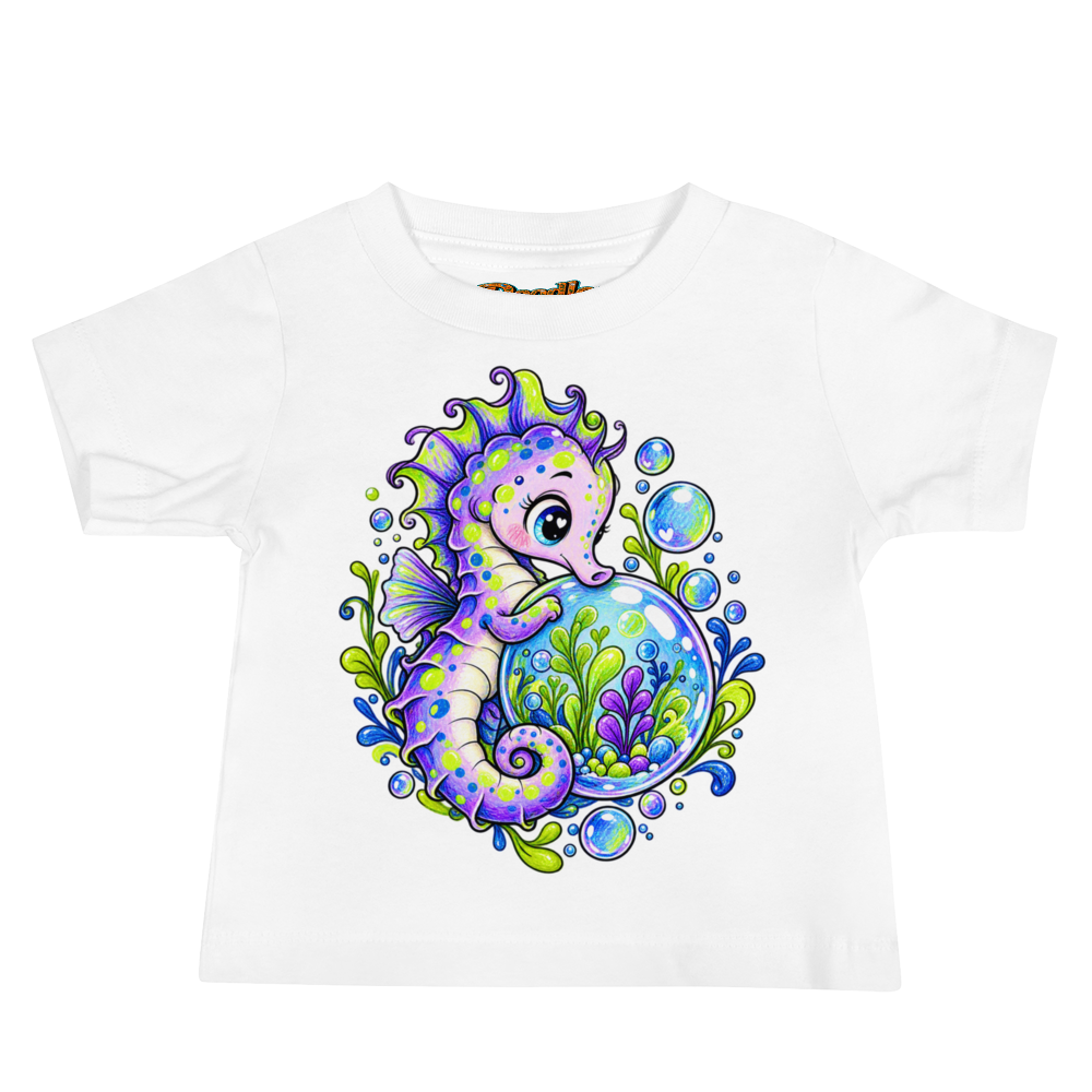 A Baby Seahorse Curled Around A Floating Bubble Baby T Shirt in White