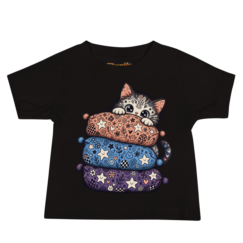 A Kitten Hiding Behind A Stack Of Soft Max Doodles Baby T Shirt alternate view