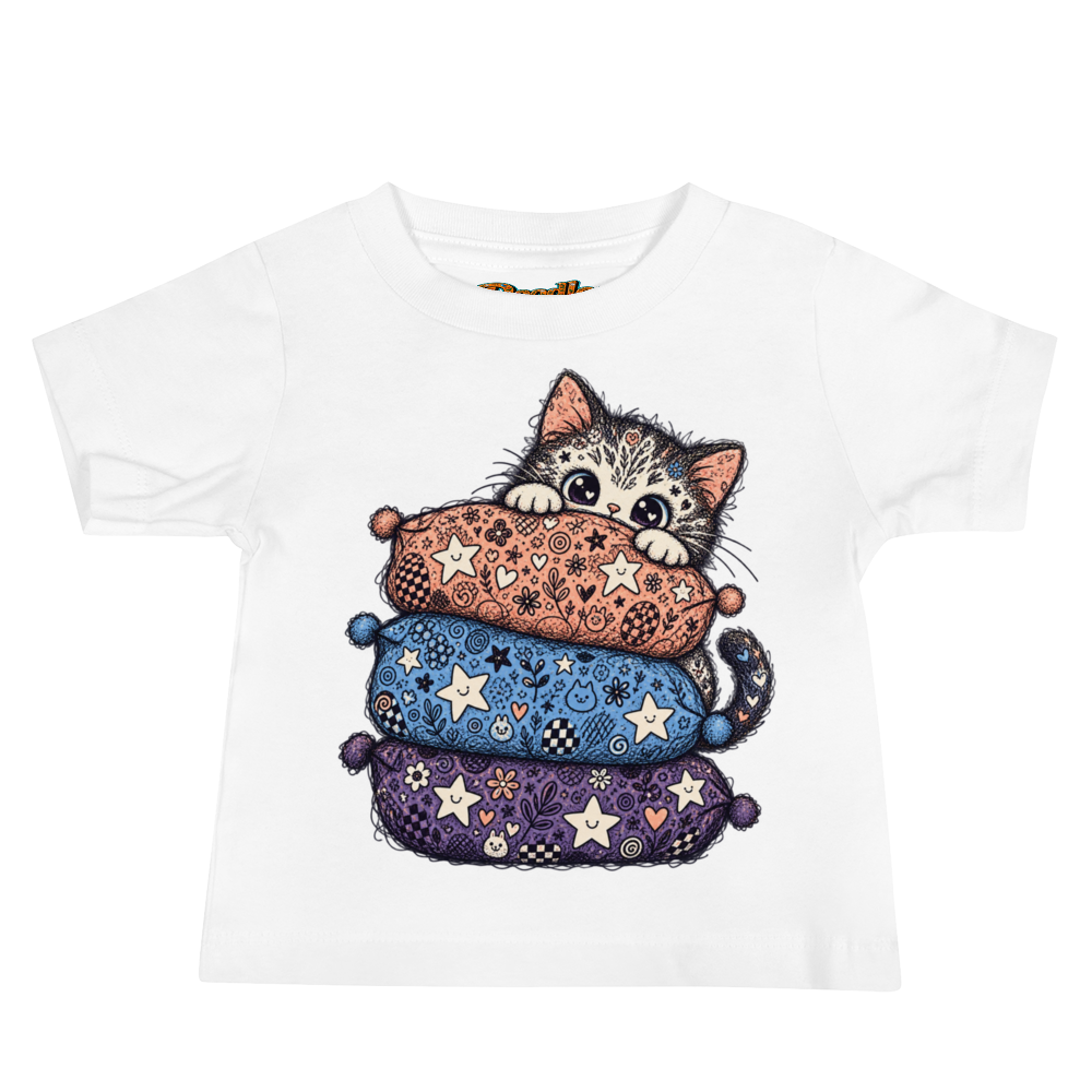 A Kitten Hiding Behind A Stack Of Soft Max Doodles Baby T Shirt
