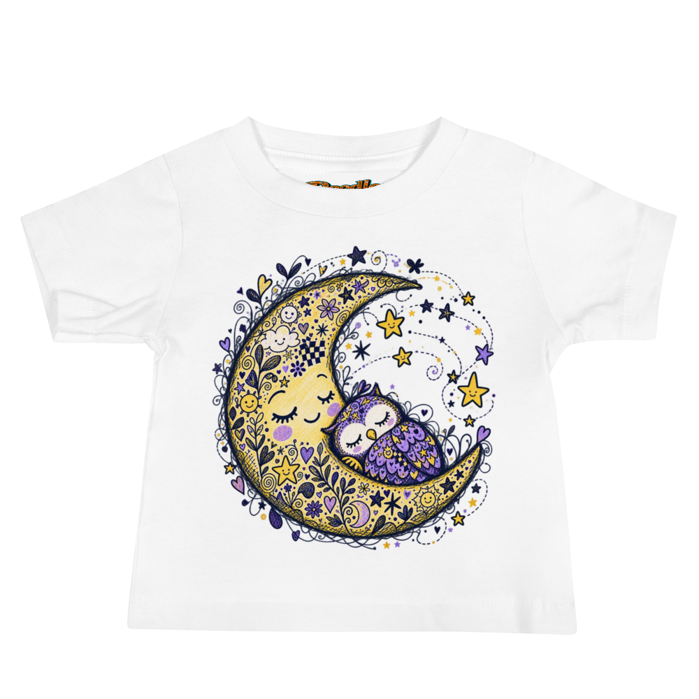 A Smiling Moon With A Small Sleeping Owl Max Doodles Baby T Shirt
