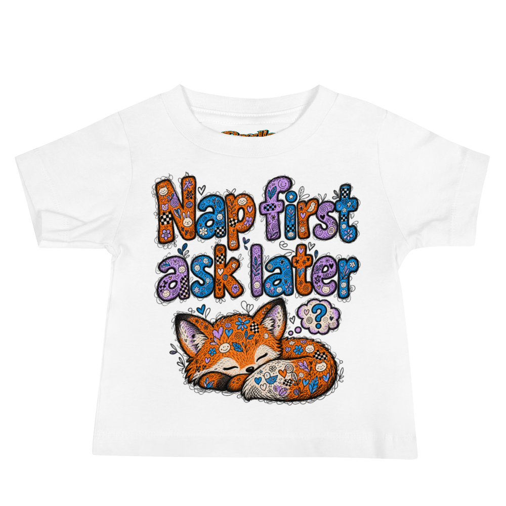 Exact Words Nap First Ask Later Above A Max Doodles Baby T Shirt in White