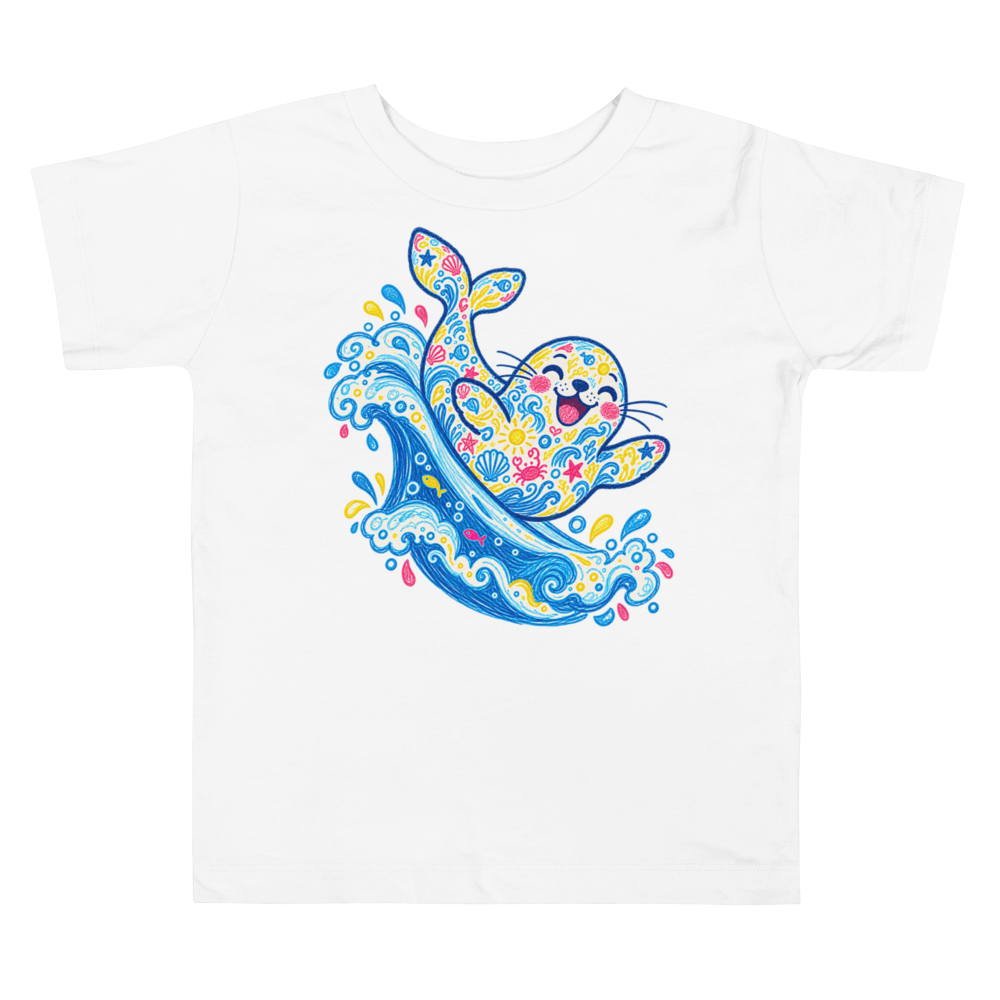 A Playful Seal Sliding Down A Curved Toddler T Shirt in White