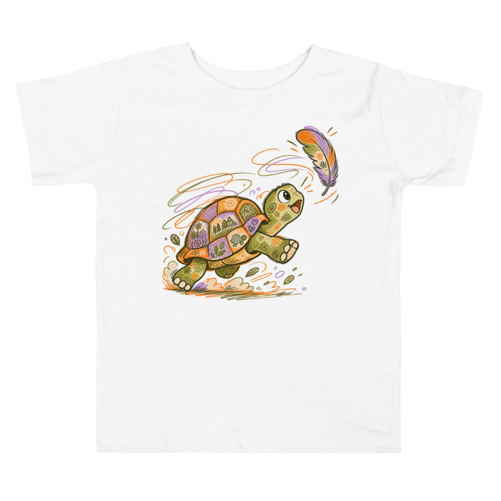 A Tortoise Attempting To Outrun A Fluttering Toddler T Shirt in White