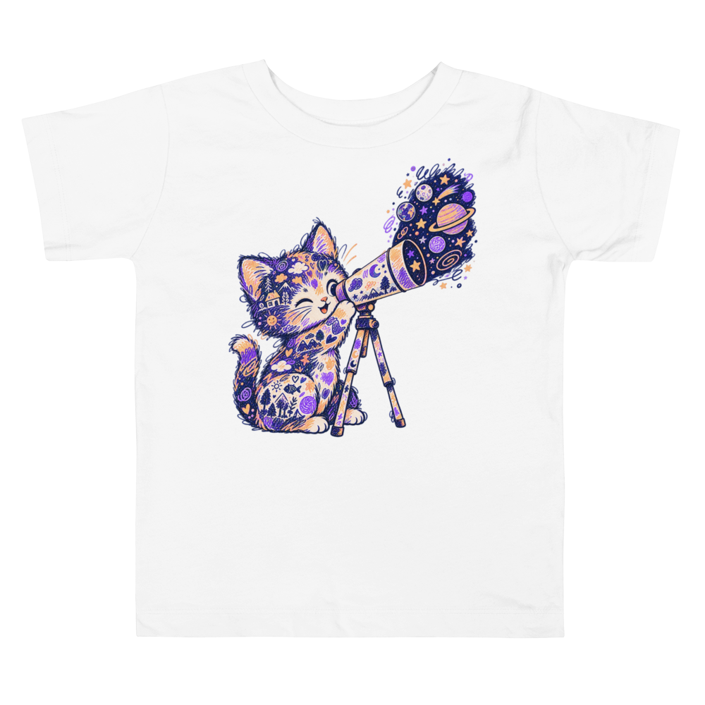 A Kitten Peeking Through A Paper Telescope Toddler T Shirt in White