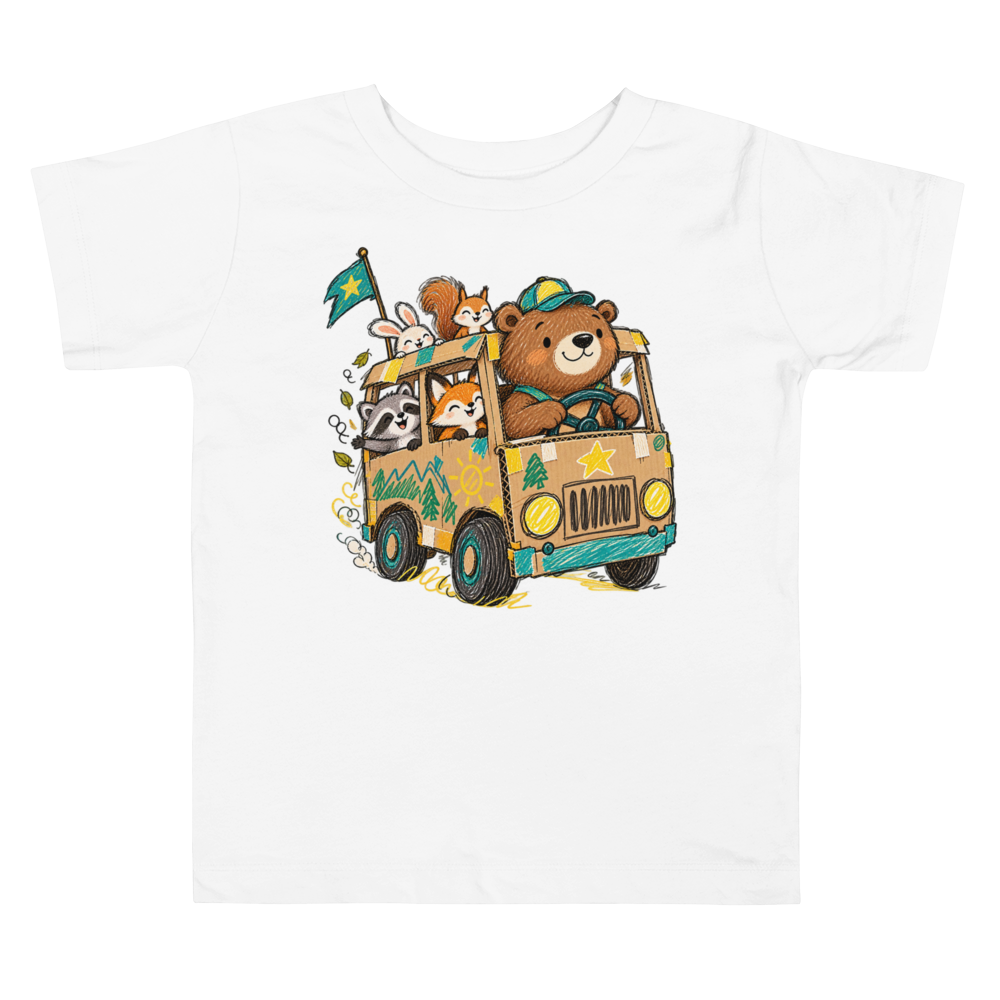 A Bear Steering A Cardboard Bus Carrying Tiny Toddler T Shirt
