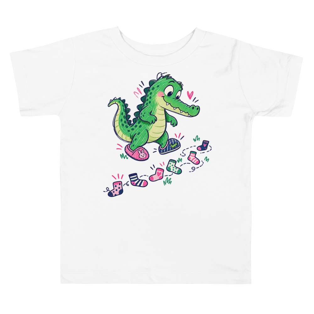 A Little Crocodile Wearing Mismatched Slippers And Following Toddler T Shirt