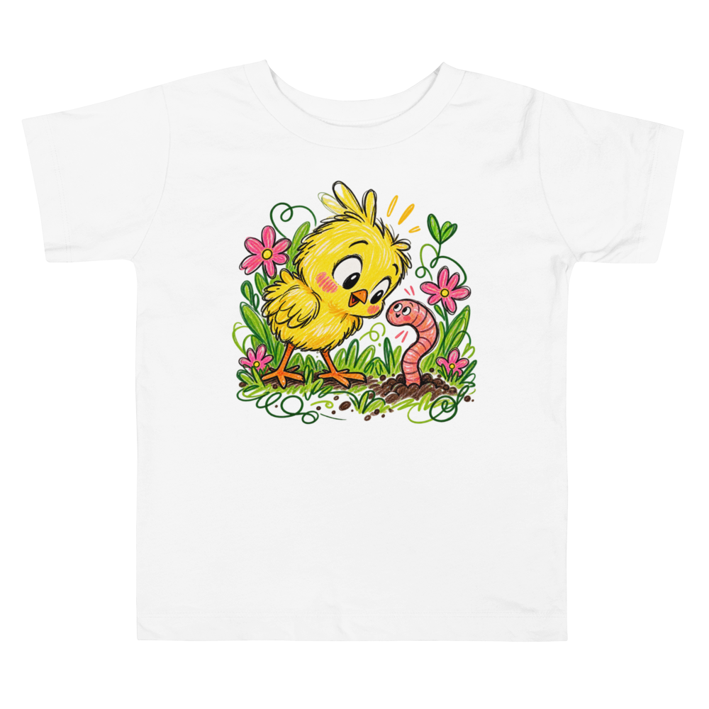 A Chick Discovering A Worm Shaped Like A Toddler T Shirt in White