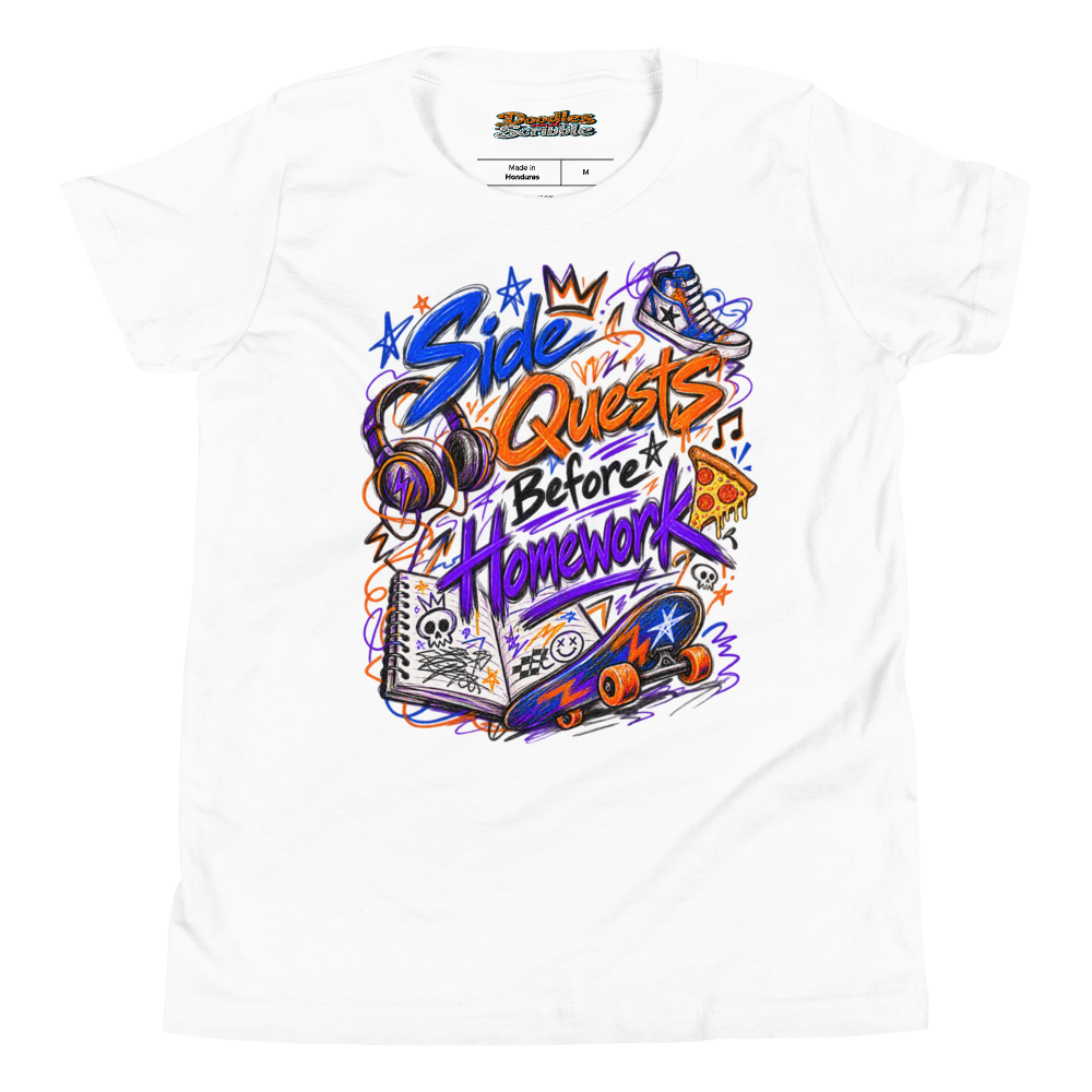 Side Quests Before Homework Youth T Shirt in White