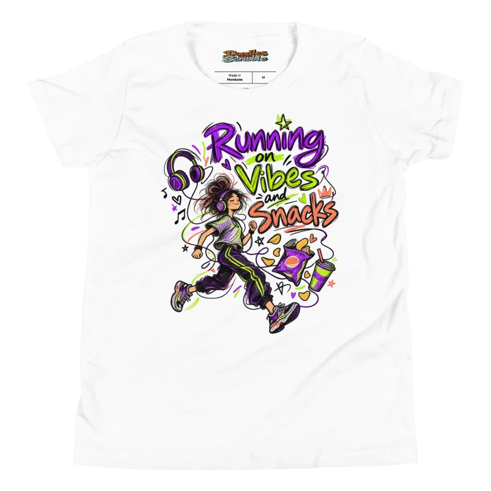 Running on Vibes and Snacks Youth T Shirt in White