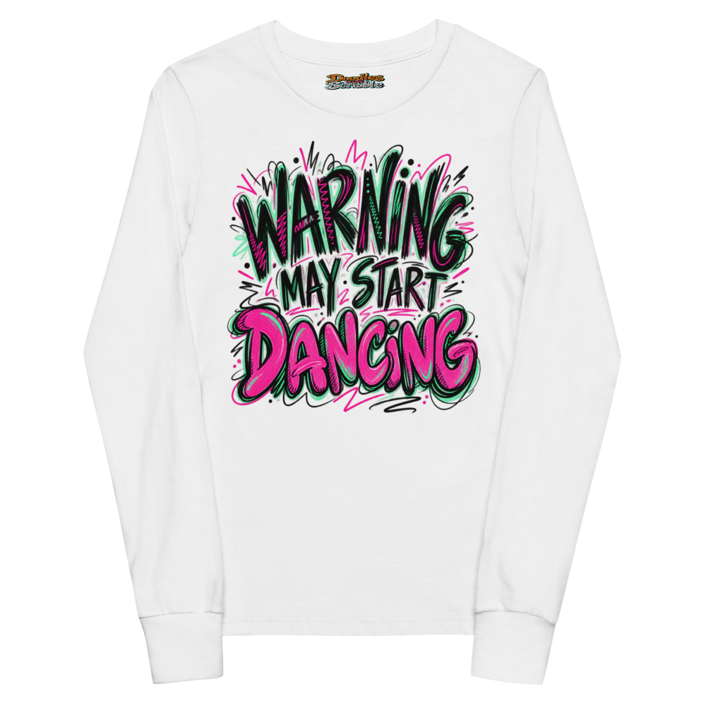 Warning May Start Dancing Youth Long Sleeve T Shirt in White