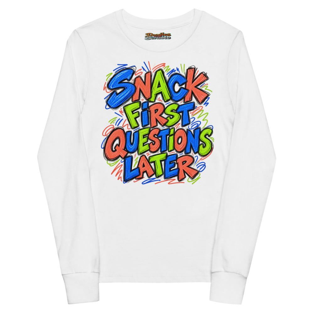 Snack First Questions Later Youth Long Sleeve T Shirt in White
