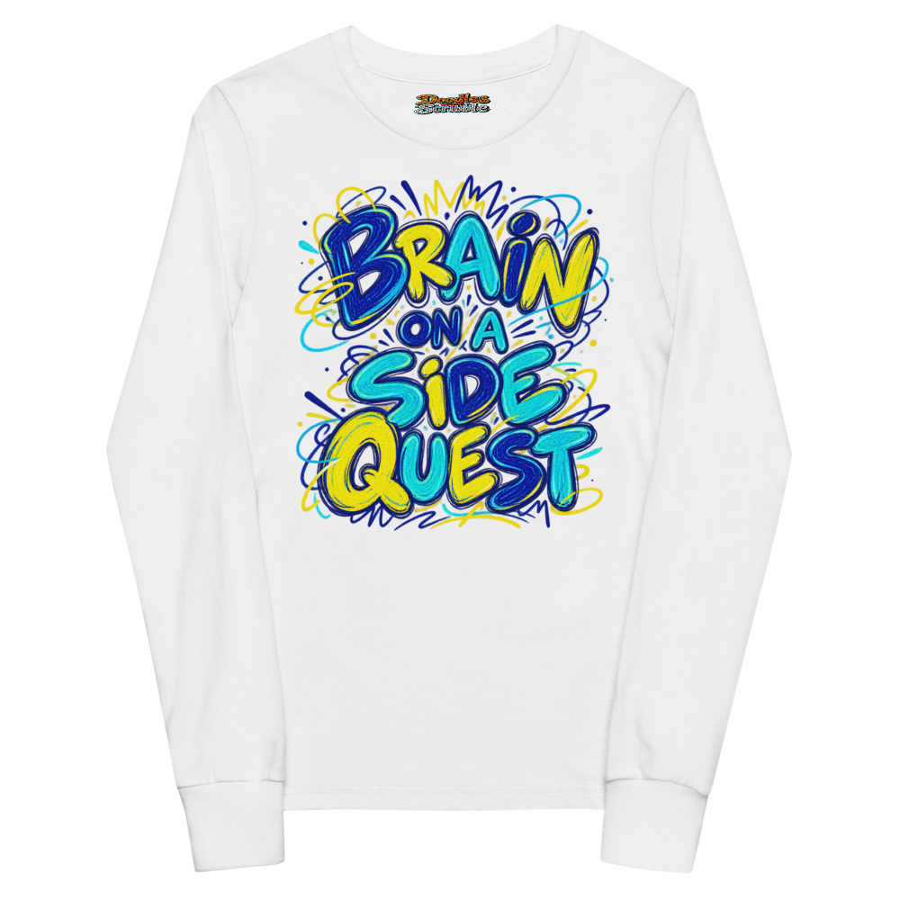 Brain On A Side Quest Youth Long Sleeve T Shirt in White