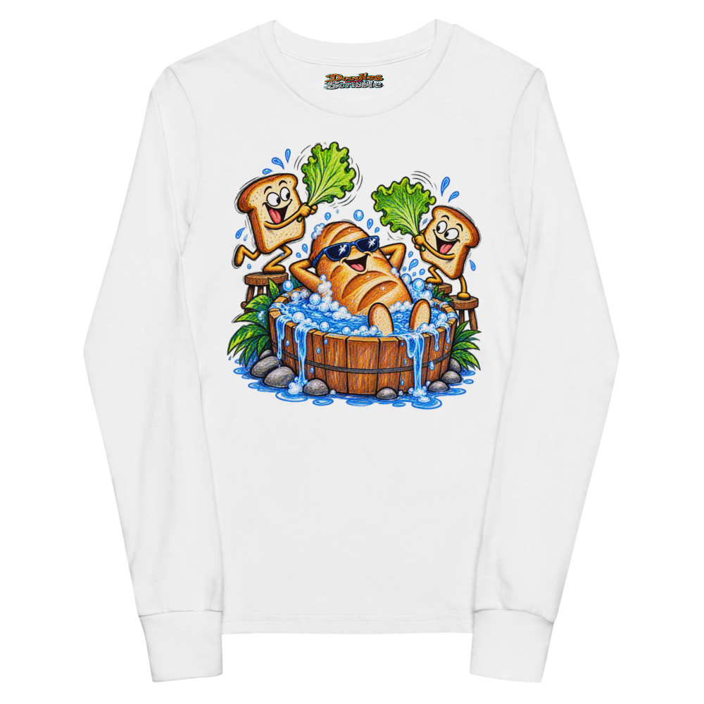 A Loaf Of Bread Lounges In A Miniature Youth Long Sleeve T Shirt in White
